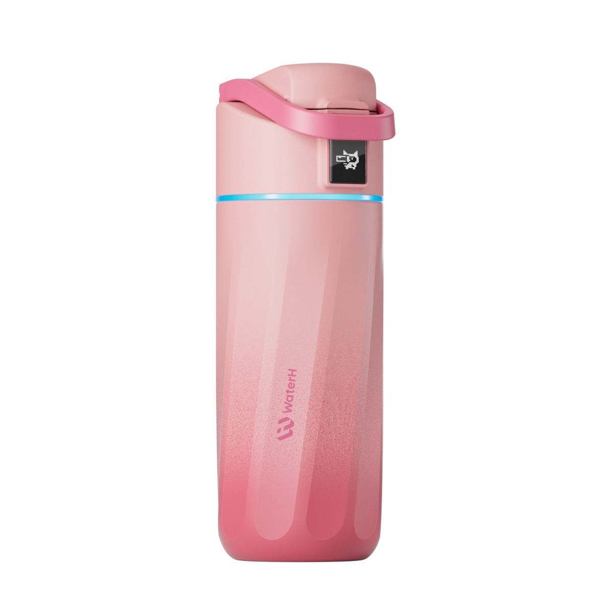 Eine rosa Farbverlauf WaterH Thermoskanne mit digitaler Anzeige und Griff, isoliert auf weißem Hintergrund.