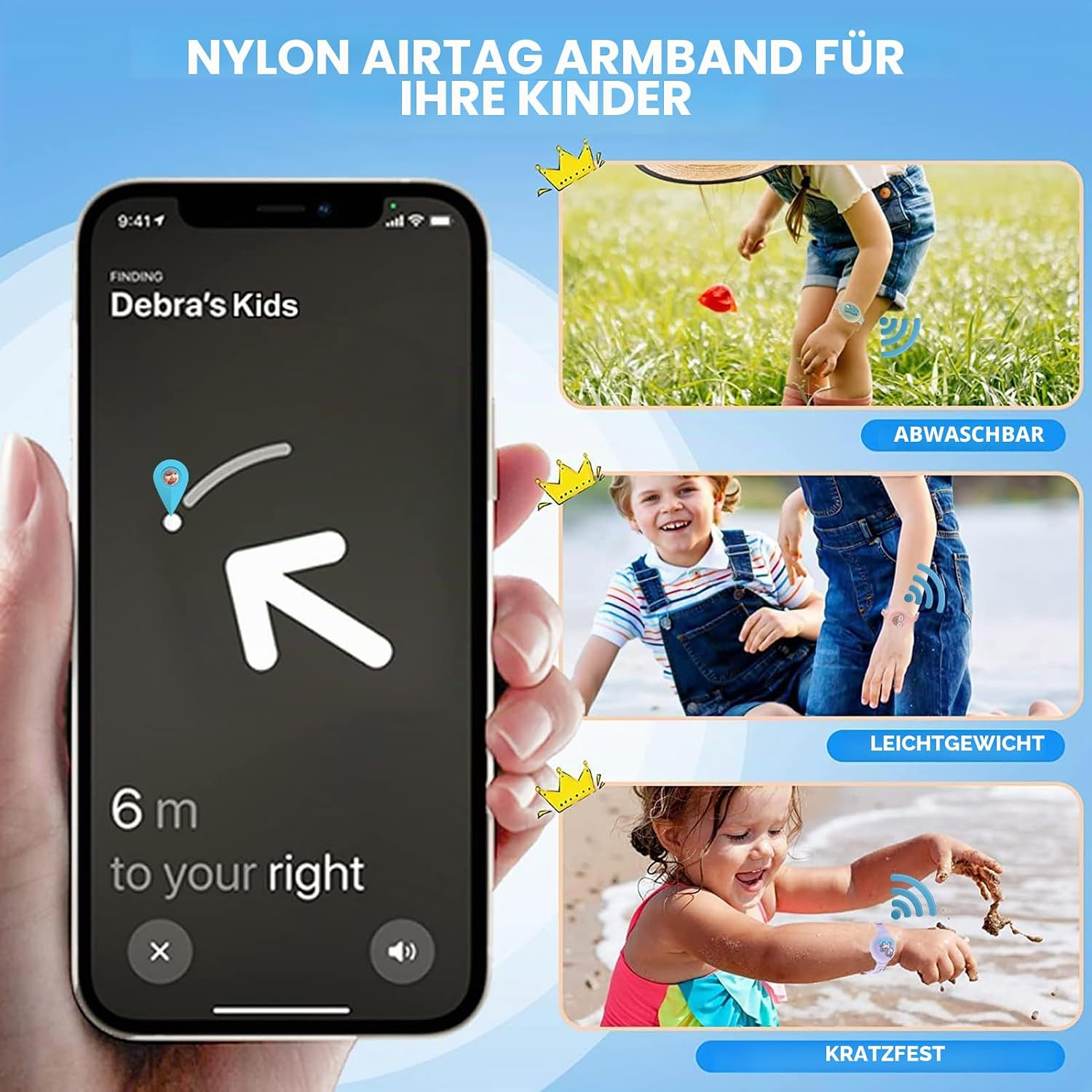 Hand hält Smartphone mit Tracking-App, daneben Kinder mit Armbändern in verschiedenen Szenen.