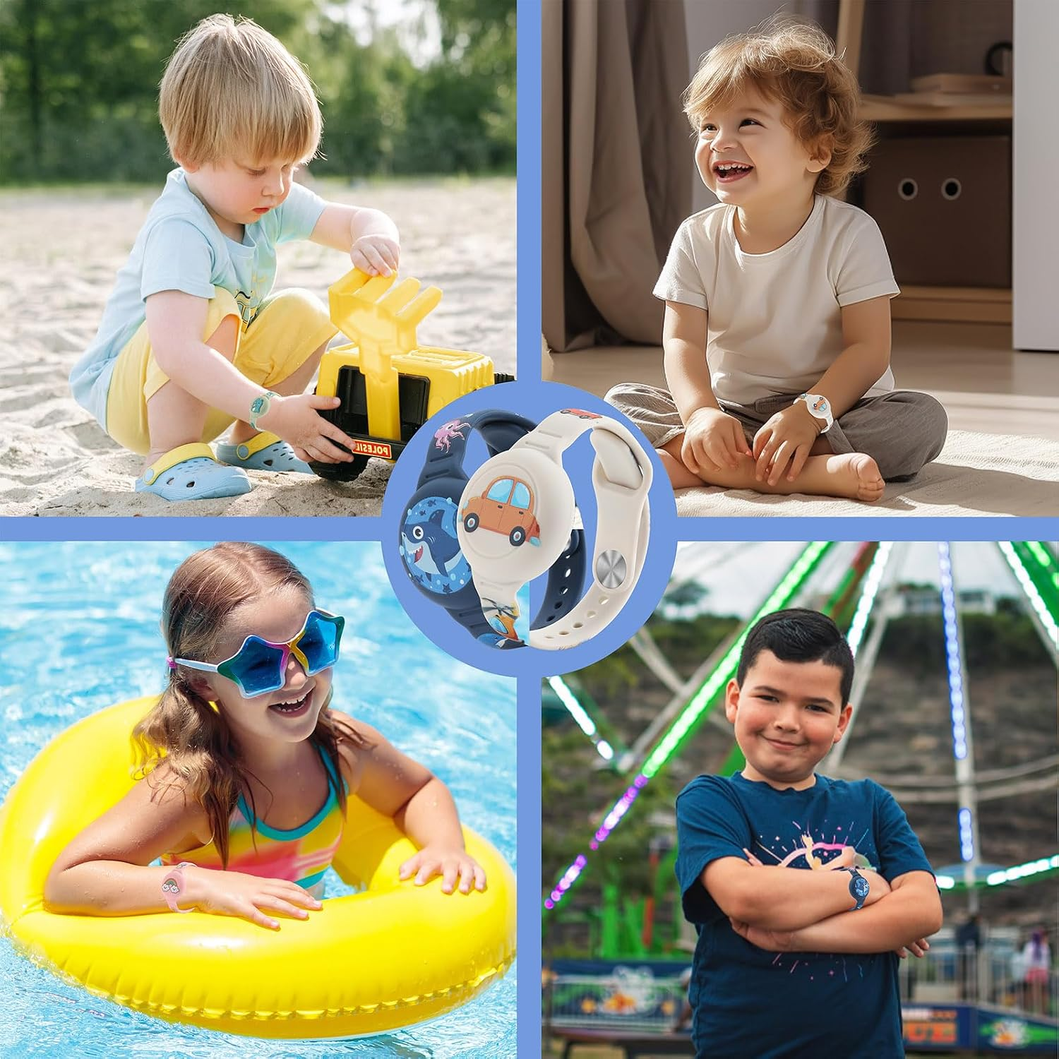 Collage von Kindern, die farbenfrohe Anti-Mücken-Bänder tragen, beim Spielen im Freien und im Wasser.