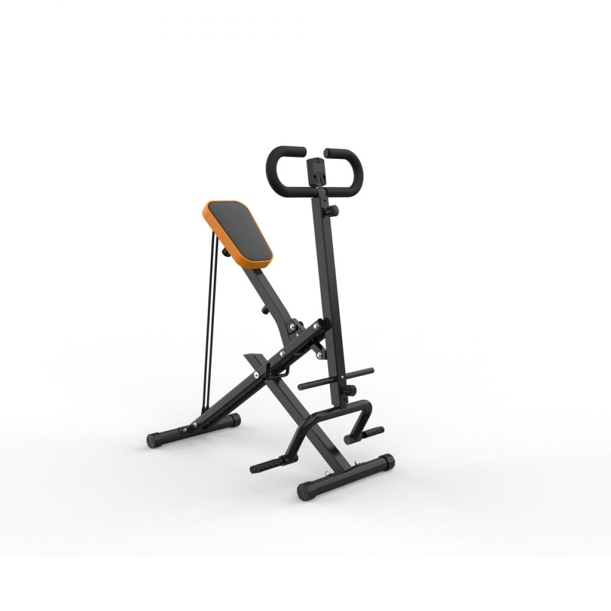 Ein schwarzes Heimfitnesstraining mit oranger Sitzfläche und Haltegriffen vor weißem Hintergrund.