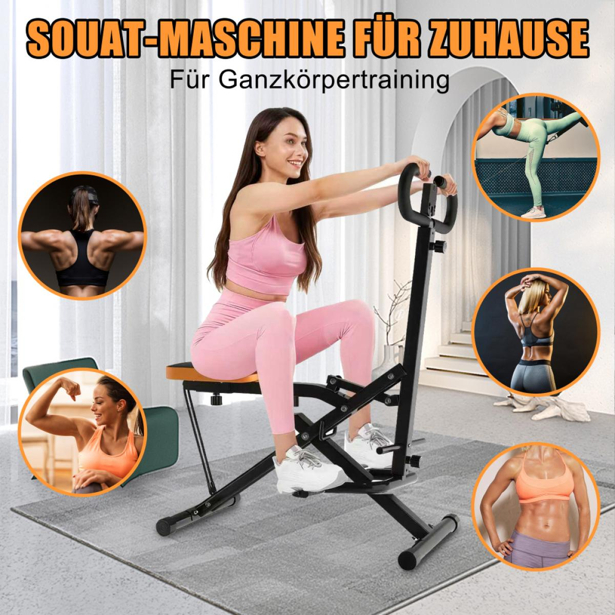 Frau in pinker Sportkleidung trainiert auf einer schwarzen Squat-Maschine, umgeben von kleinen Bildern anderer Übungen.
