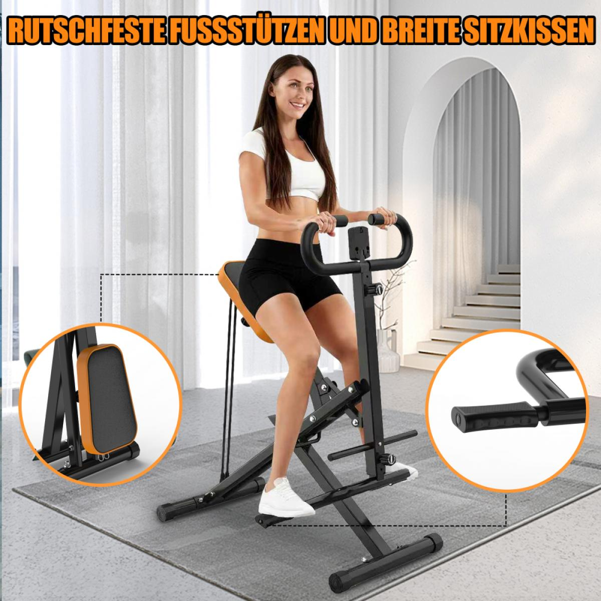 Eine lächelnde Frau trainiert auf einem Heimtrainer mit Einblicken in Fussstützen und Sitzkissen.