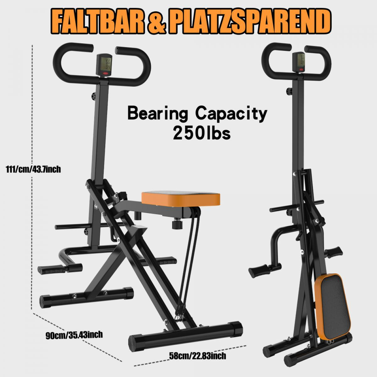 Faltbarer Heimtrainer mit orangem Sitz und Abmessungen sowie 250 lbs Tragkraft.