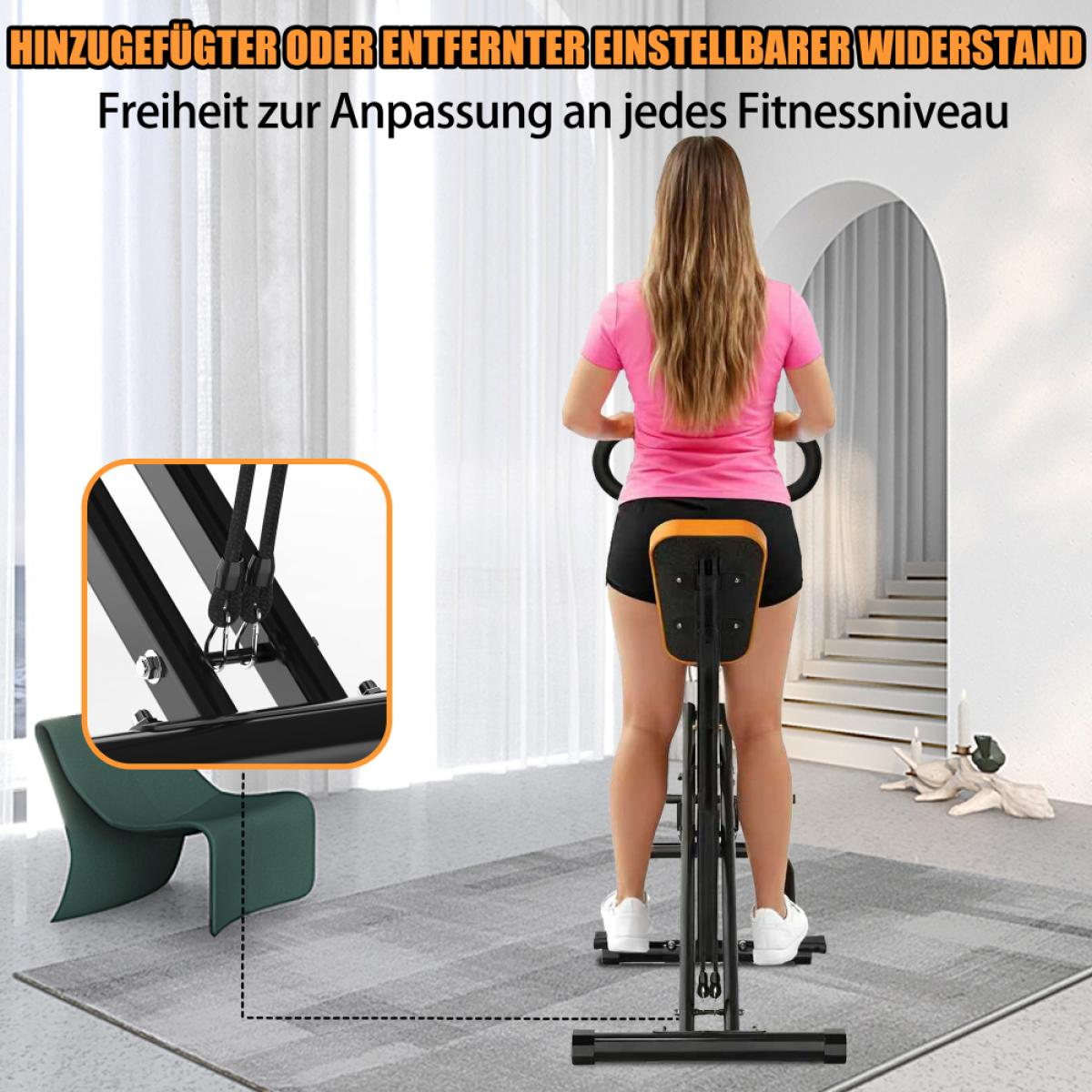 Eine Frau in Rosa steht vor einem Fitnessgerät mit verstellbarem Widerstand in einem hellen Raum.