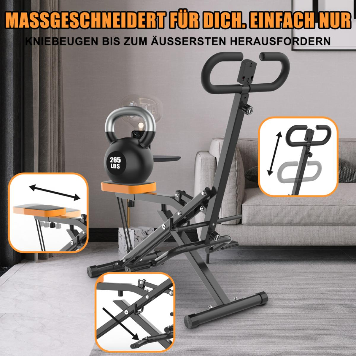 Fitnessgerät mit Sitz und Griffen in einem Wohnzimmer, mit Insets, die Funktionen zeigen.