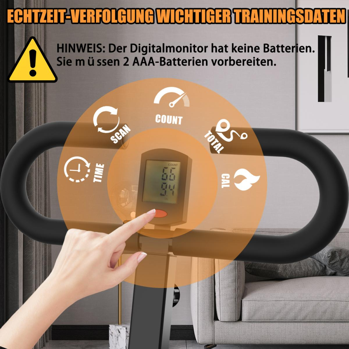 Hand berührt Digitalmonitor eines Heimtrainers mit Anzeigeoptionen wie Zeit, Scan, Count und Kalorien.