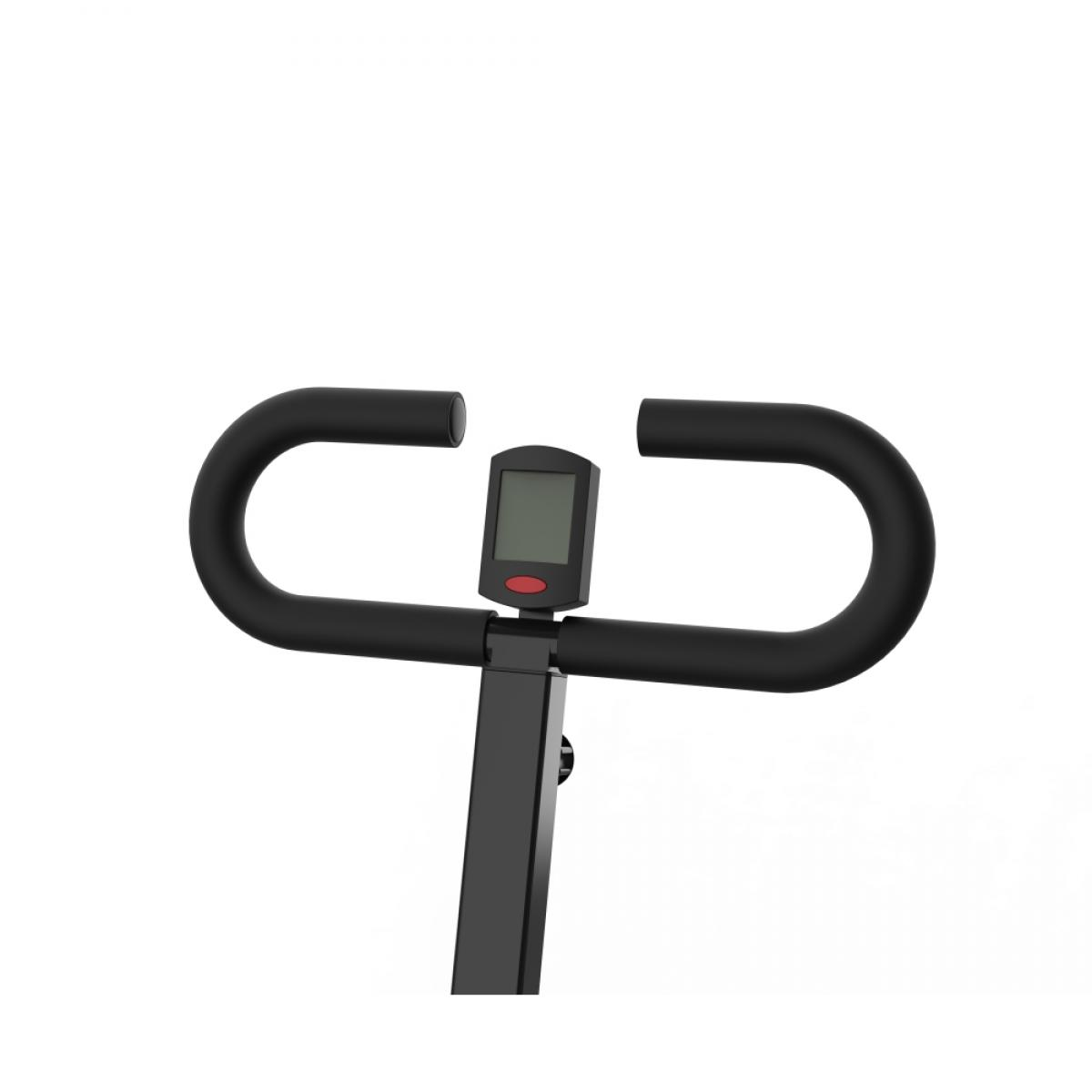 Eine schwarze Heimtrainer-Konsole und Lenker vor weißem Hintergrund.