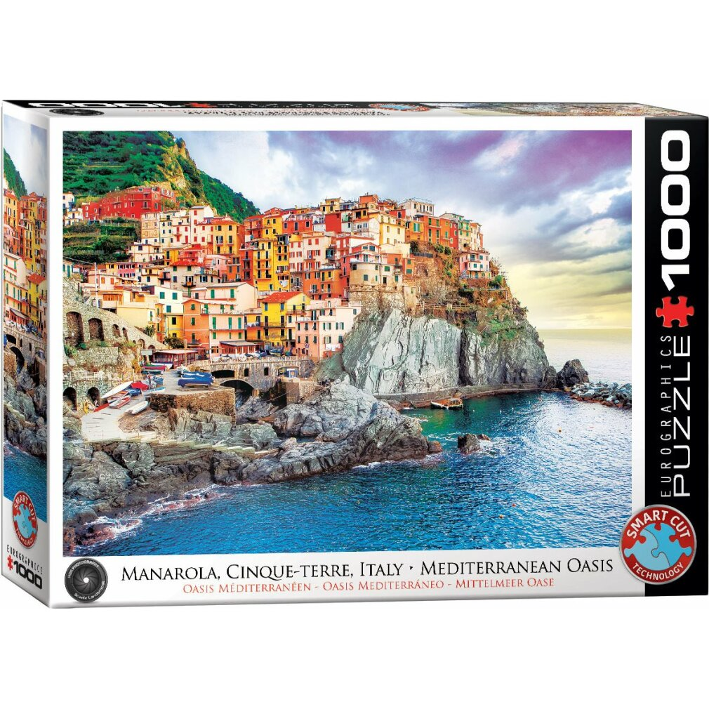 1000-Teile-Puzzle zeigt Manarola, Cinque Terre, Italien am Mittelmeer mit bunten Häusern an Klippen.
