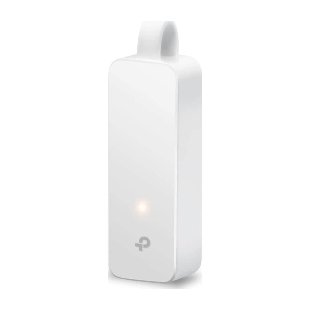 Ein weißes, längliches Smart-Home-Gerät mit einer kleinen Led-Leuchte und einem TP-Link-Logo auf weißem Hintergrund.