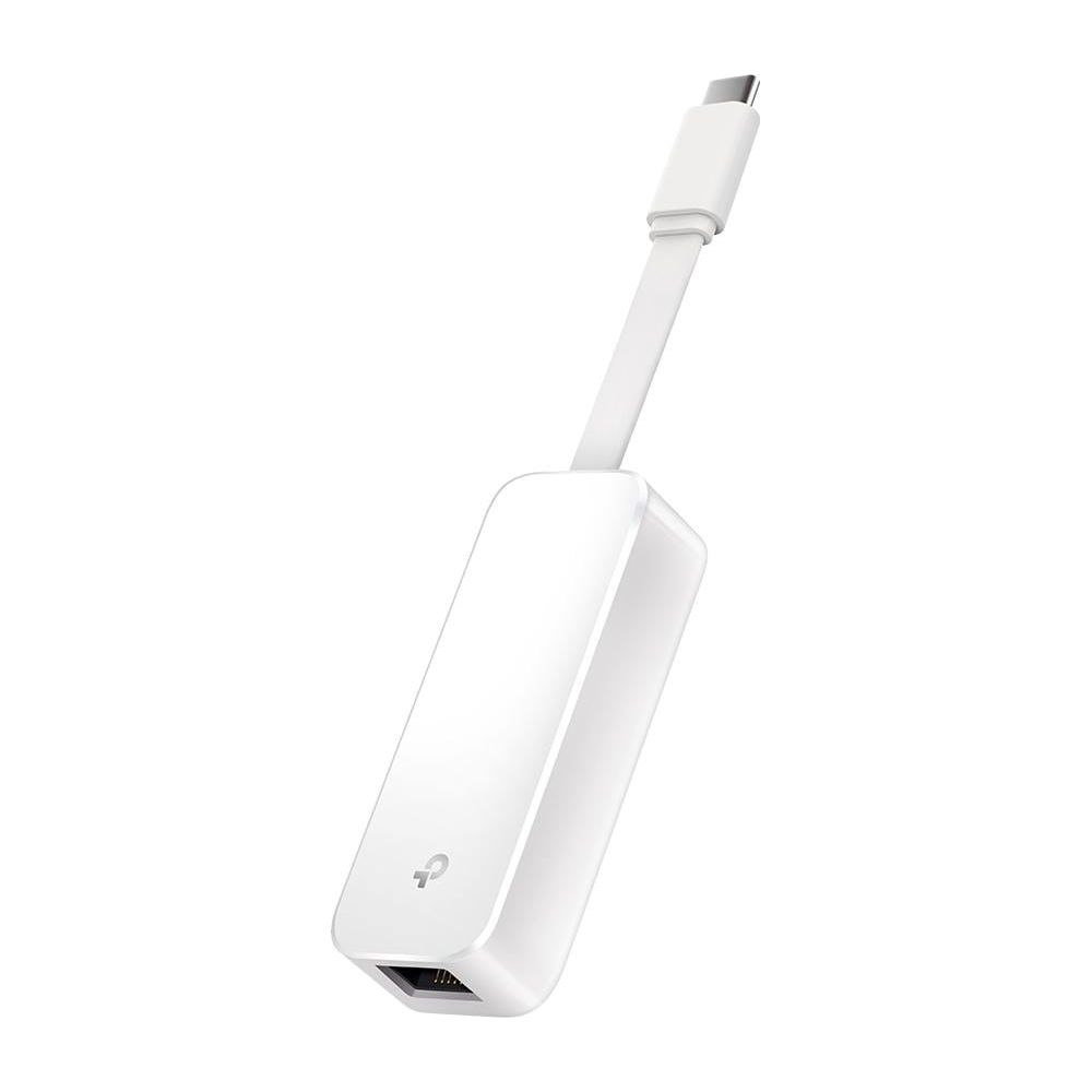 Ein weißer USB-C-zu-Ethernet-Adapter auf weißem Hintergrund.