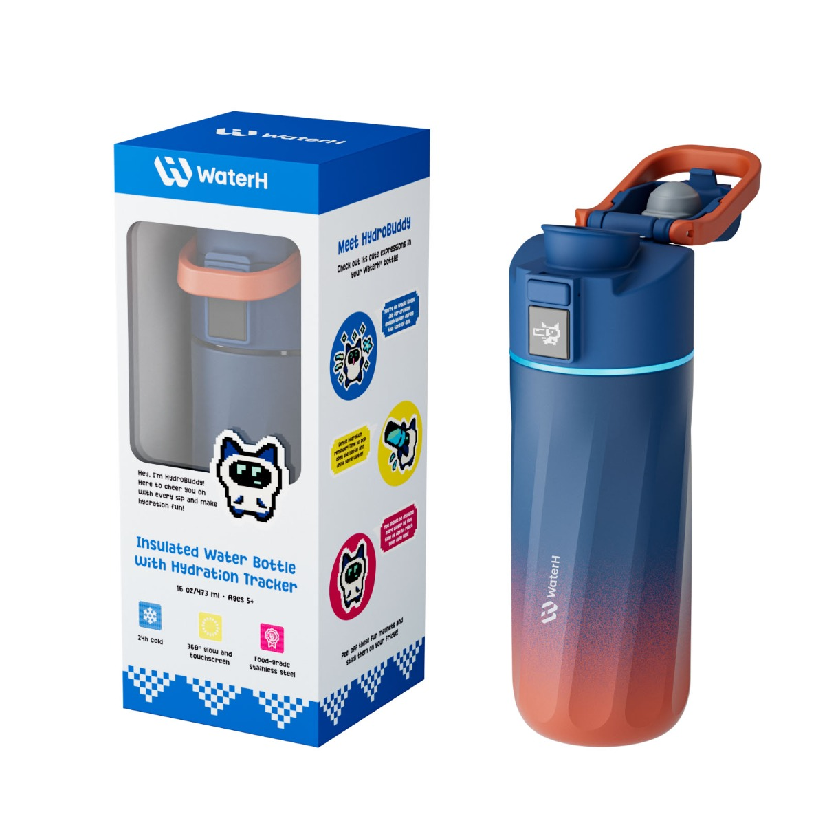 Blaue und orangefarbene isolierte Wasserflasche mit Hydratations-Tracker und passender Produktverpackung.