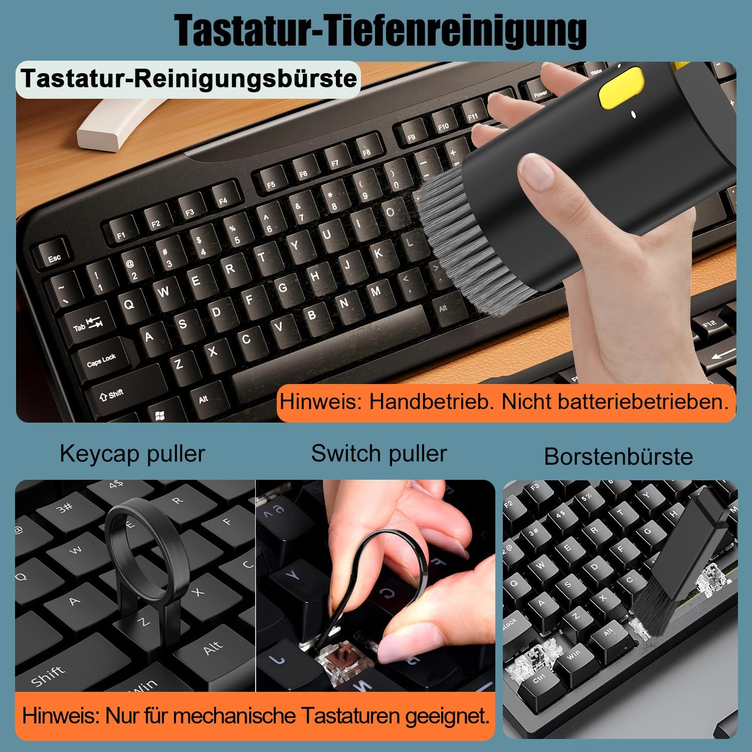 Handliche Bürste und Werkzeuge zur Tiefenreinigung und Pflege von Computertastaturen.