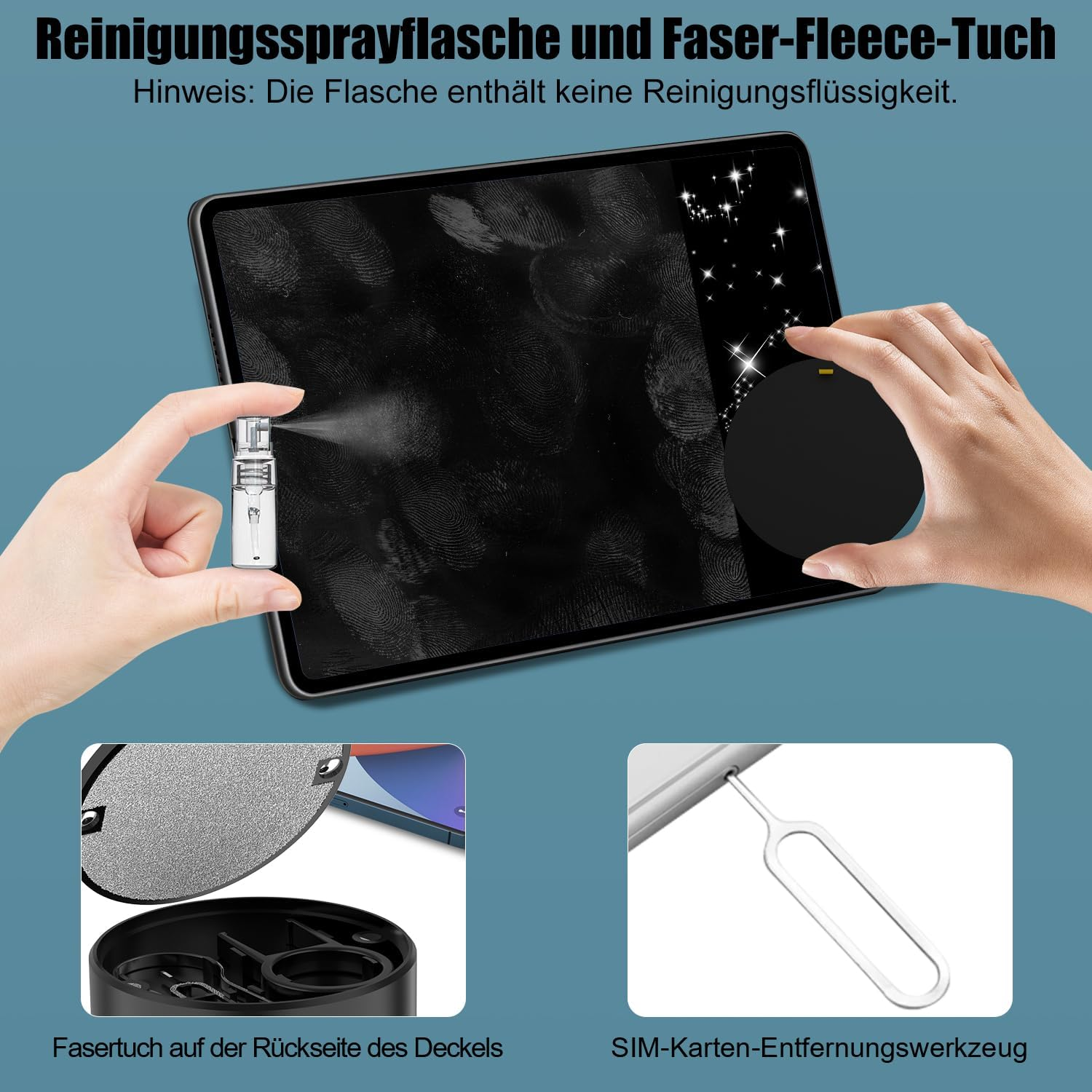 Tablet-Reinigungsset mit Sprayflasche, Faser-Fleece-Tuch und SIM-Karten-Entfernungswerkzeug.