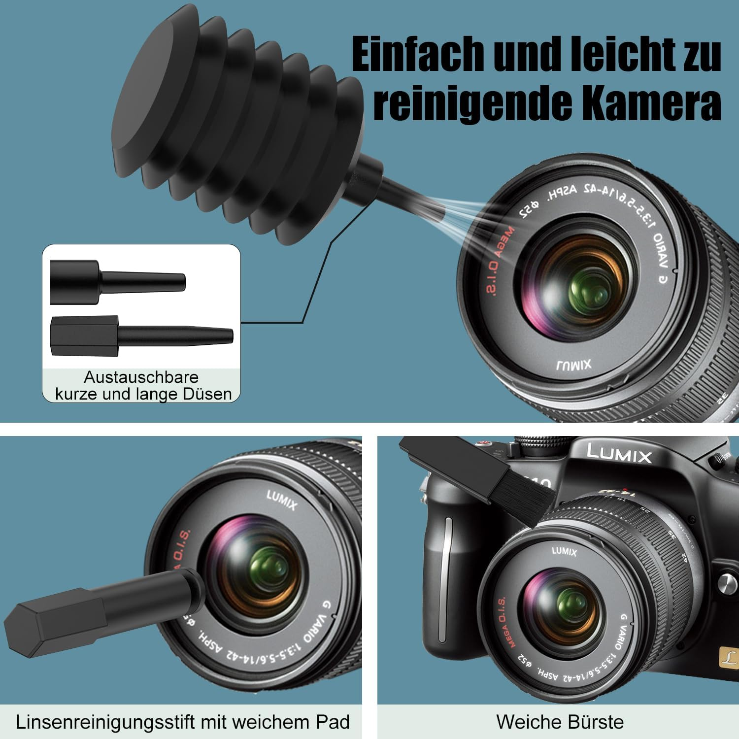 Werbebild für Kamera-Reinigungsset mit Blasebalg, austauschbaren Düsen, Reinigungstift und Pinsel.