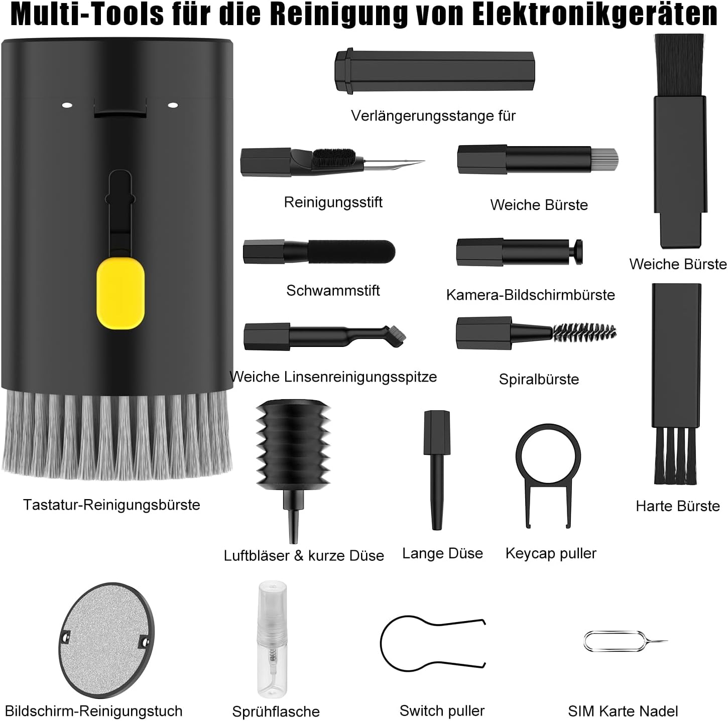 Ein Set aus schwarzem Reinigungswerkzeug für Elektronik mit verschiedenen Bürsten, Stiften und Zubehör.