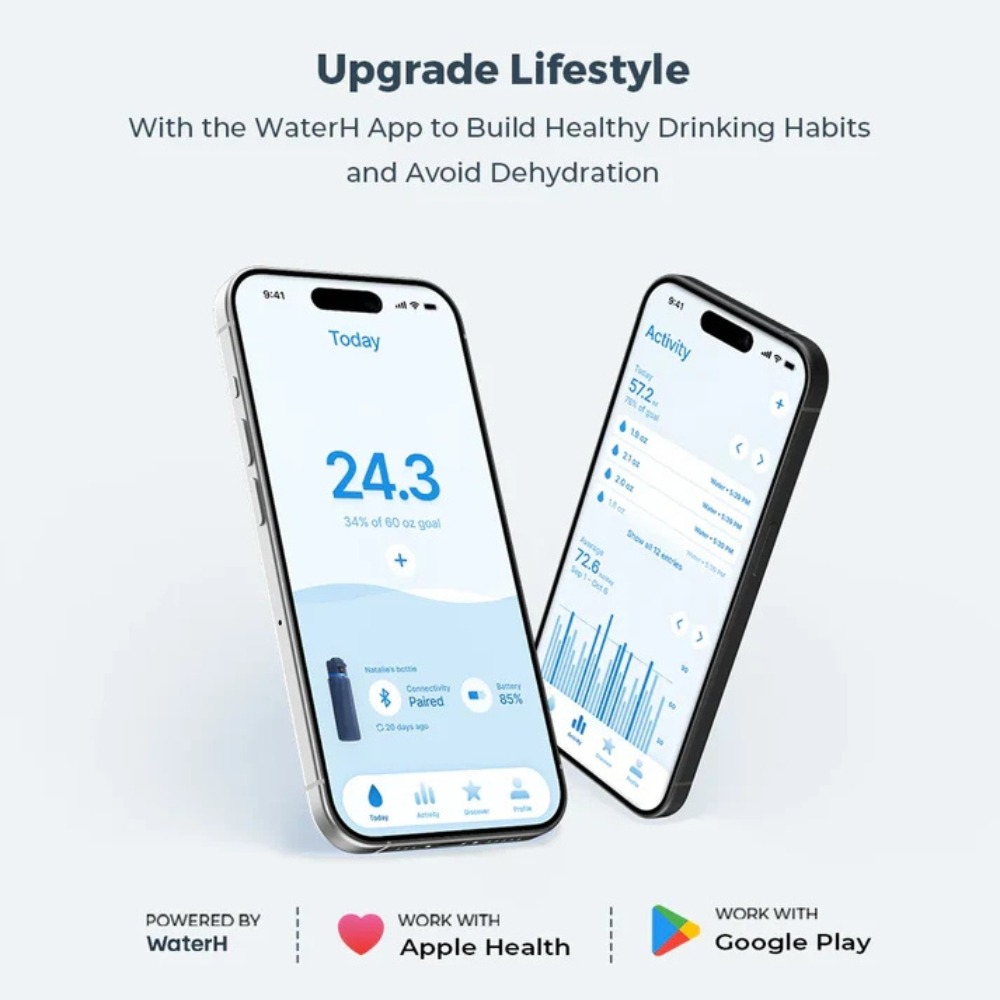 Zwei Smartphones zeigen die WaterH-App mit Trinkgewohnheiten, Apple Health und Google Play Logos unten.
