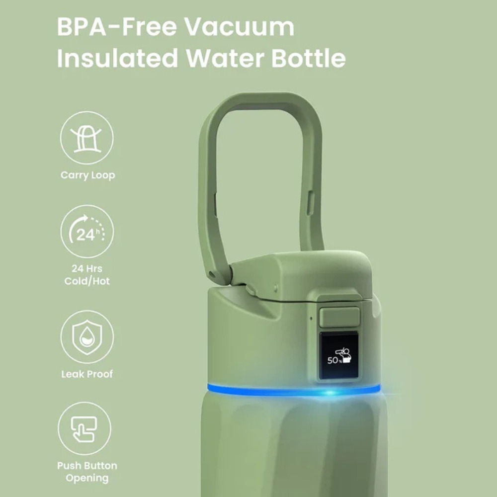 Grüne BPA-freie Thermosflasche mit Trageschlaufe und Display.