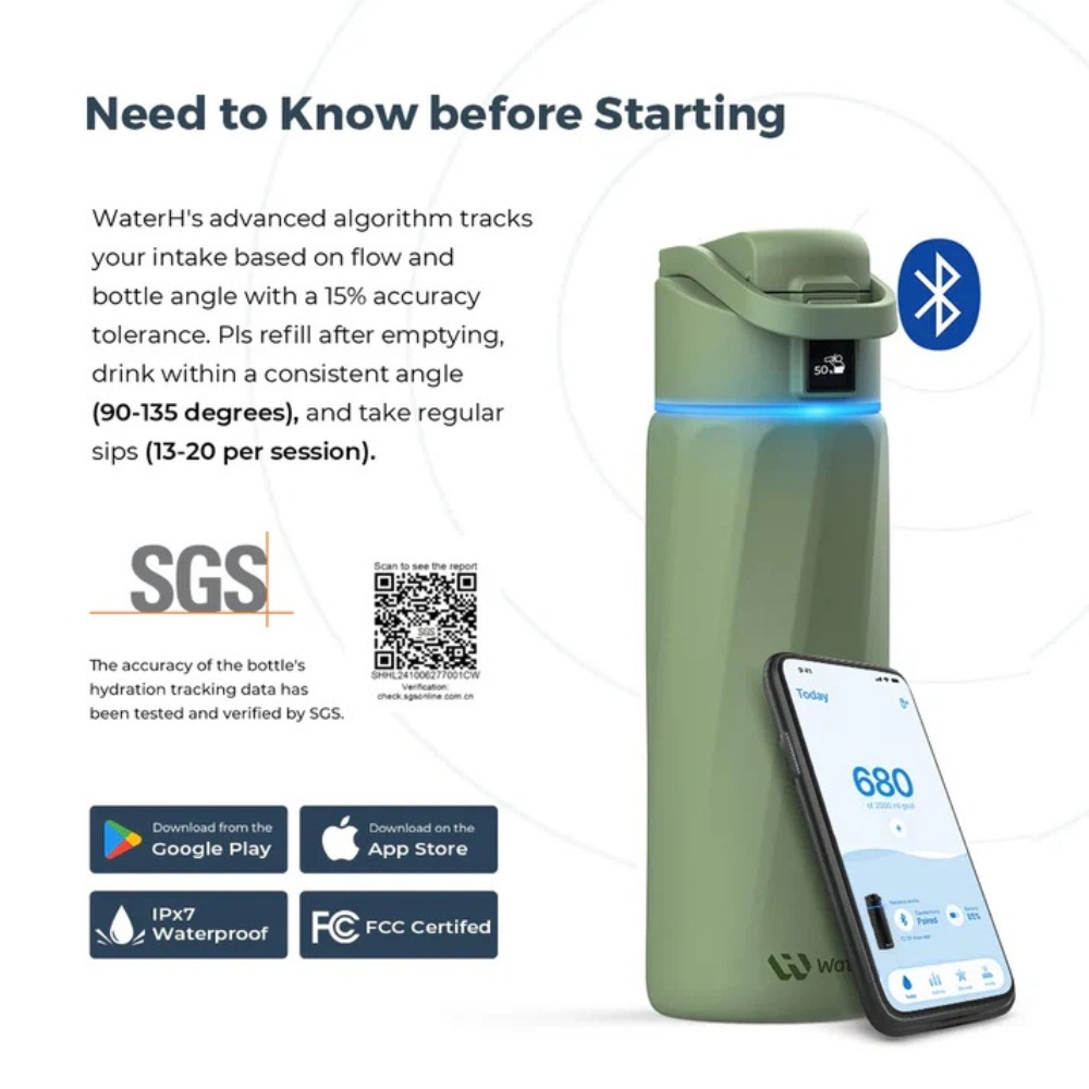 Grüne Wasserflasche mit Smartphone und App-Informationen.