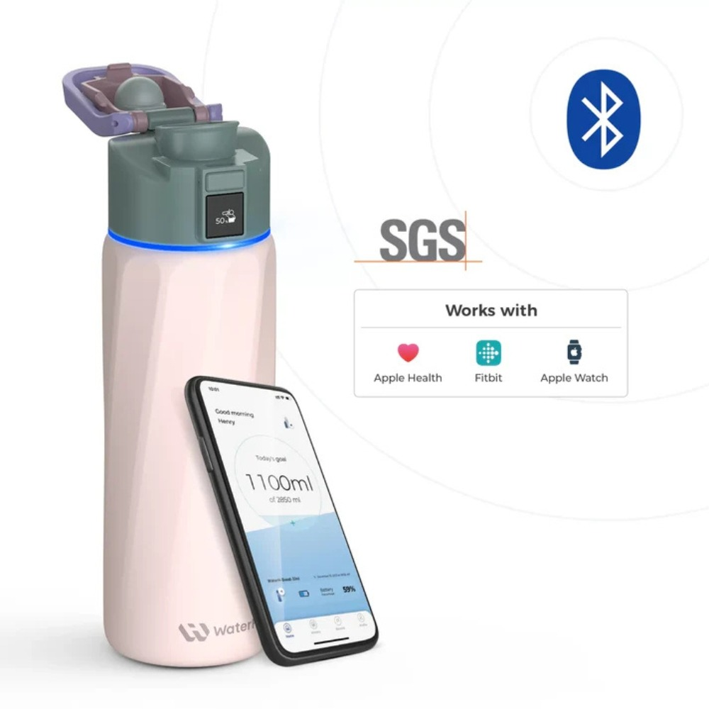 Eine rosa smarte Wasserflasche neben einem Smartphone, Bluetooth-Symbol und App-Kompatibilität.