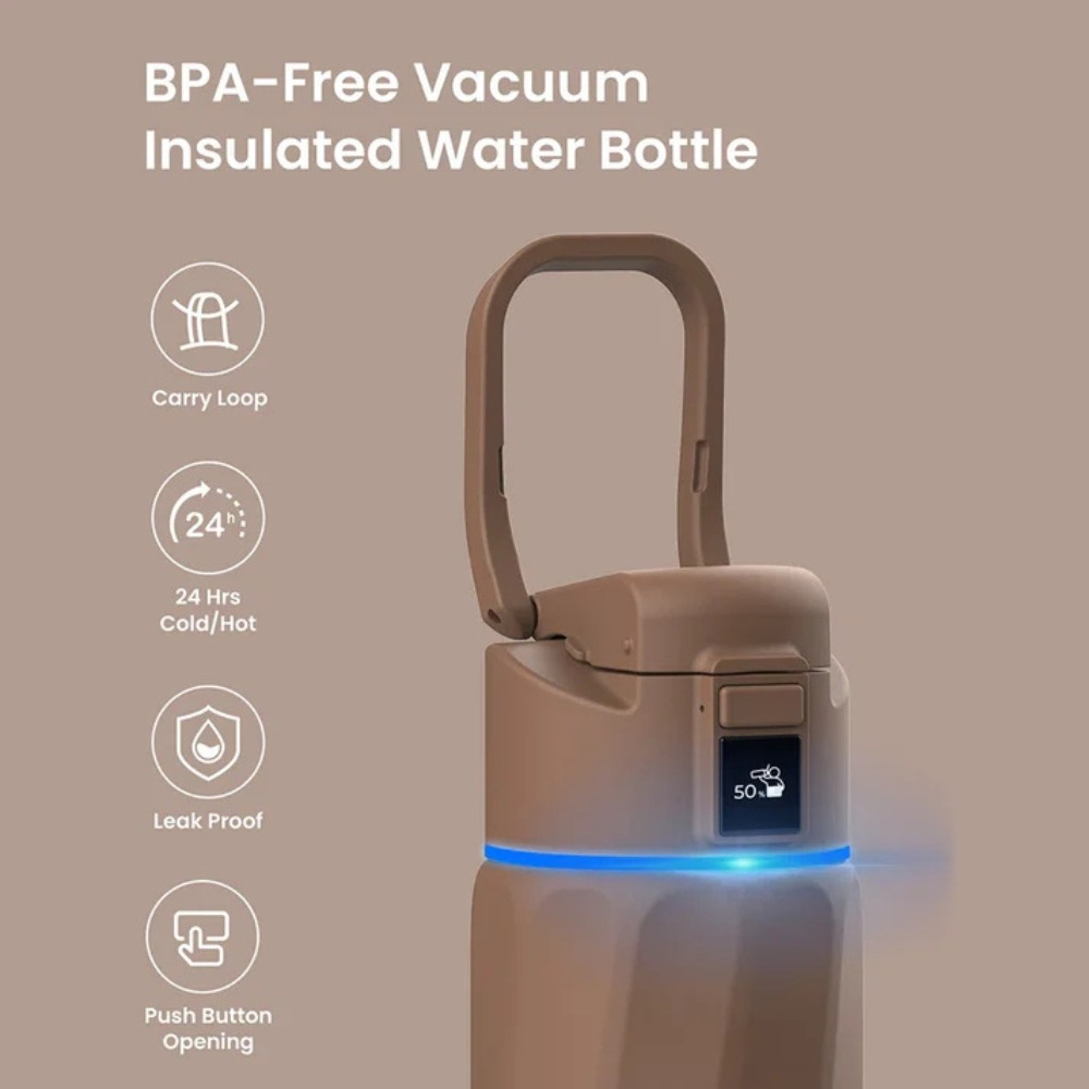 BPA-freie, isolierte Wasserflasche in Braun mit Tragegriff, digitaler Anzeige und Leuchtrand.
