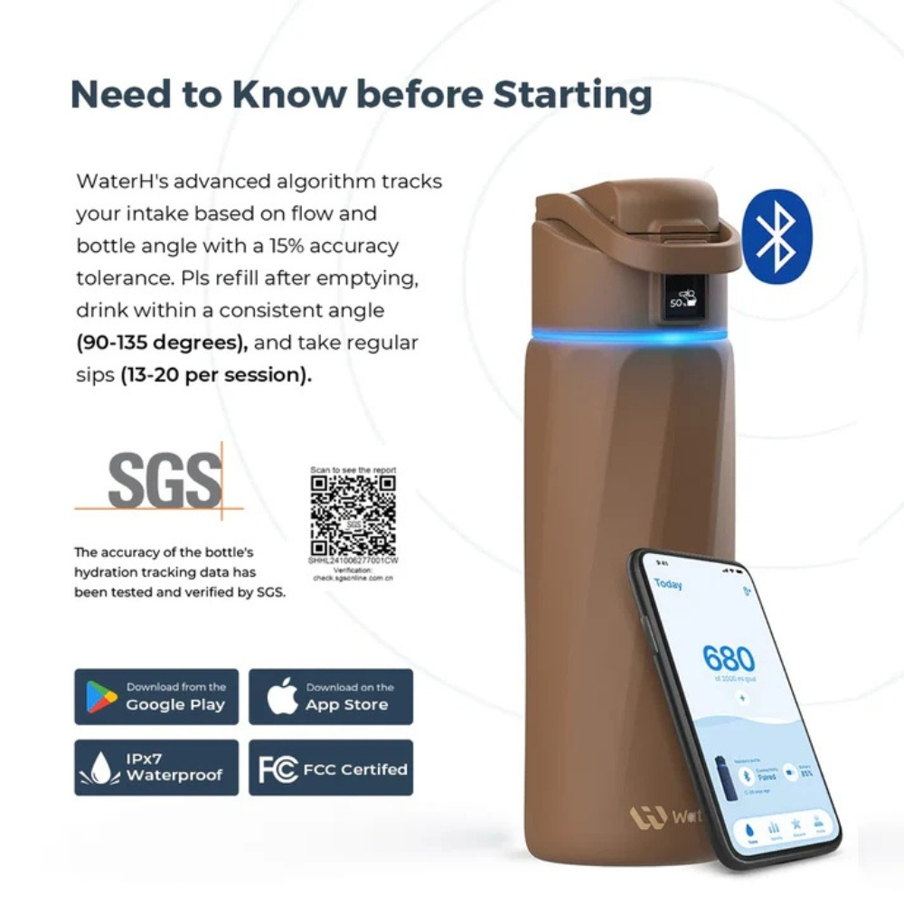 Eine braune smarte Trinkflasche neben einem Smartphone, das eine Tracking-App anzeigt.