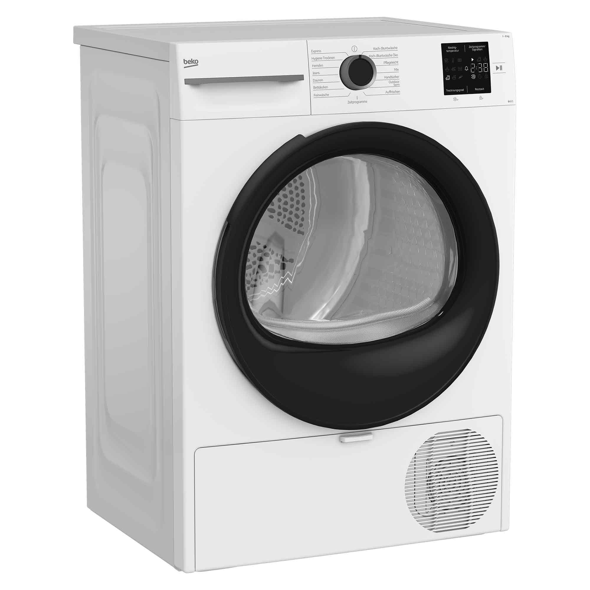 Ein weißer Beko Wäschetrockner mit schwarzem Bullauge und digitalem Bedienfeld auf weißem Hintergrund.