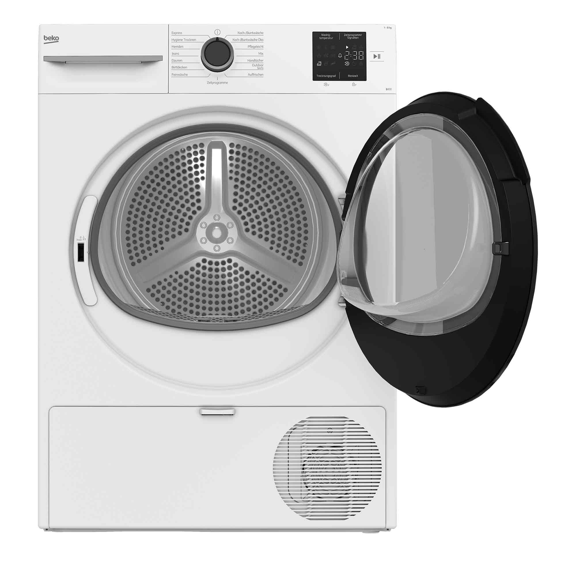 Frontansicht eines weißen Beko-Wäschetrockners mit offener schwarzer Glastür und digitalem Display.