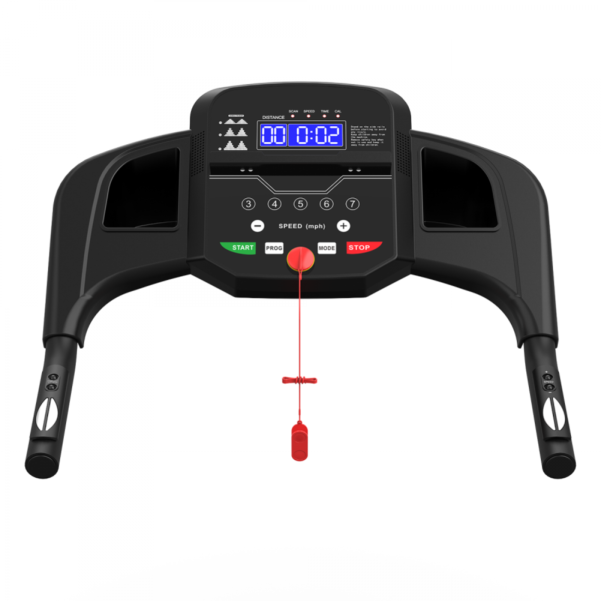 Schwarzes Laufband-Bedienfeld mit Digitaldisplay, roten Stopp- und Sicherheitstasten sowie Griffen mit Herzfrequenzsensoren.
