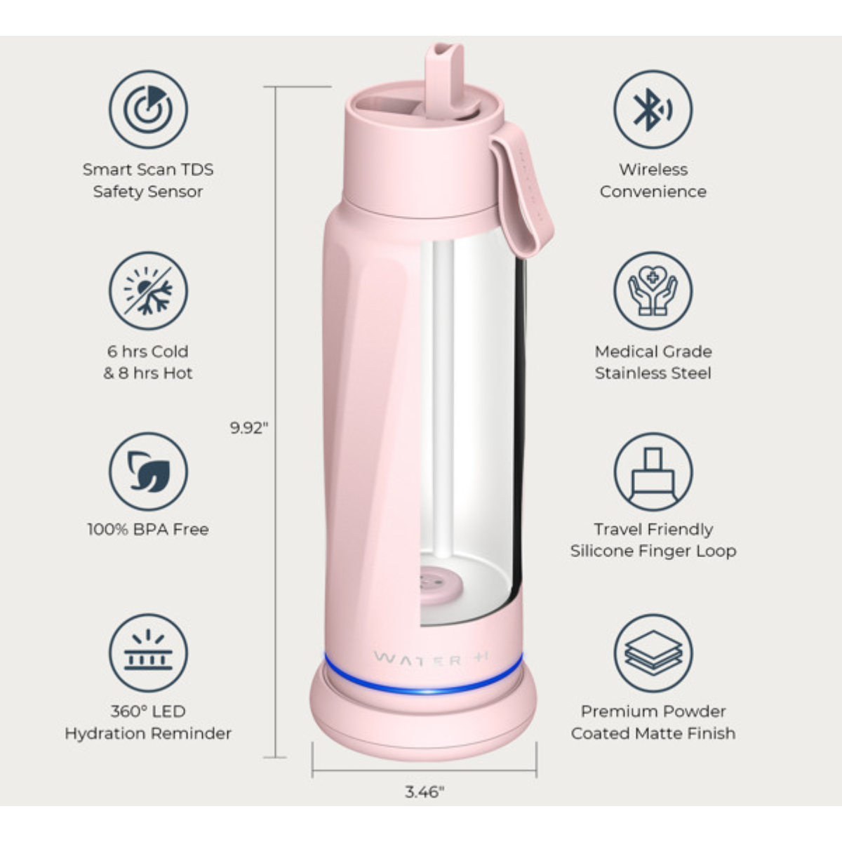 Eine rosa smarte Wasserflasche mit Funktionssymbolen und Abmessungen auf hellem Hintergrund.