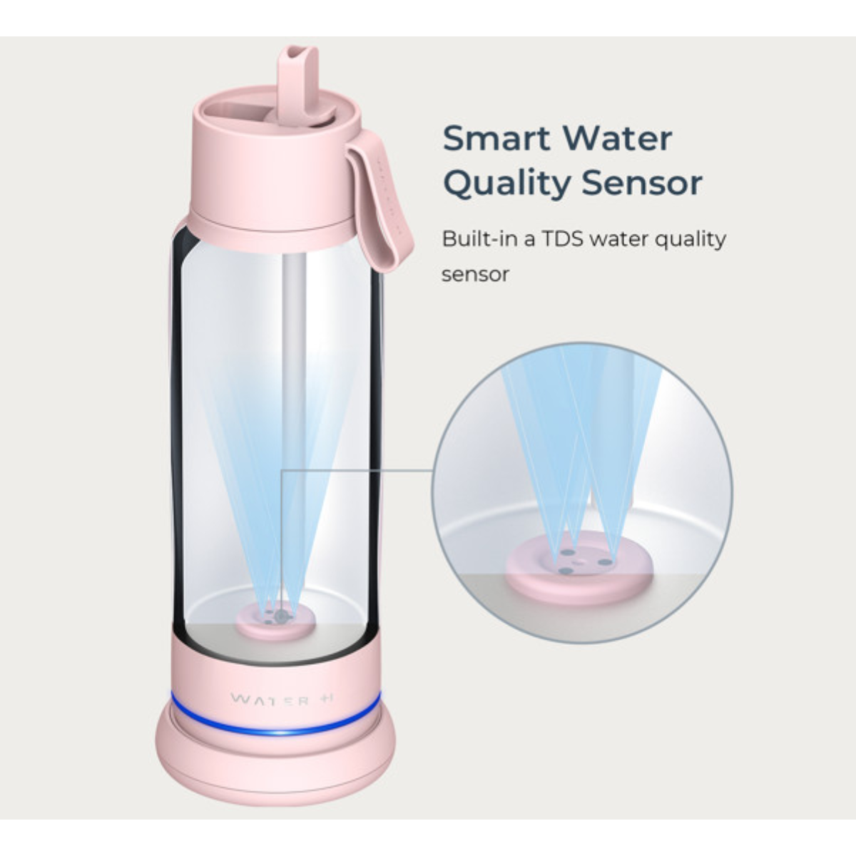 Rosa smarte Wasserflasche mit integriertem TDS-Sensor und blau leuchtendem Boden.
