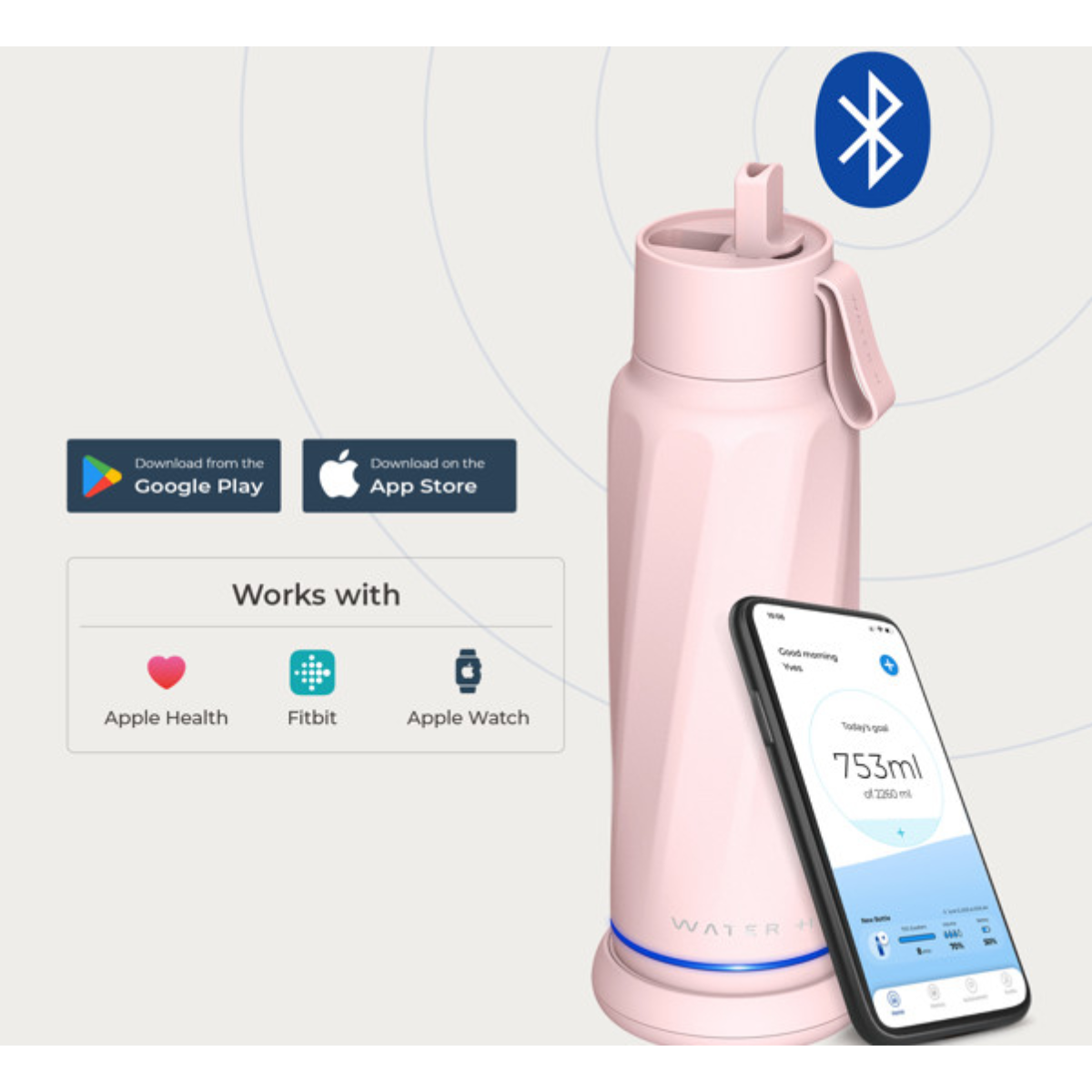 Rosa Smart-Trinkflasche mit App auf einem Smartphone, kompatibel mit Apple Health und Fitbit.