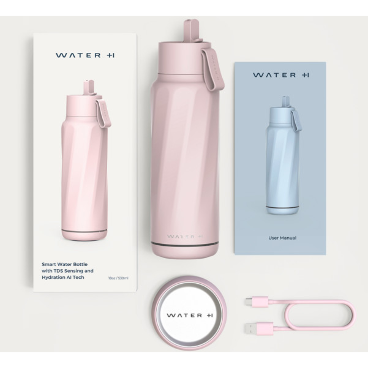 Eine rosa smarte Wasserflasche mit Verpackung, Bedienungsanleitung, Deckel und Ladekabel.