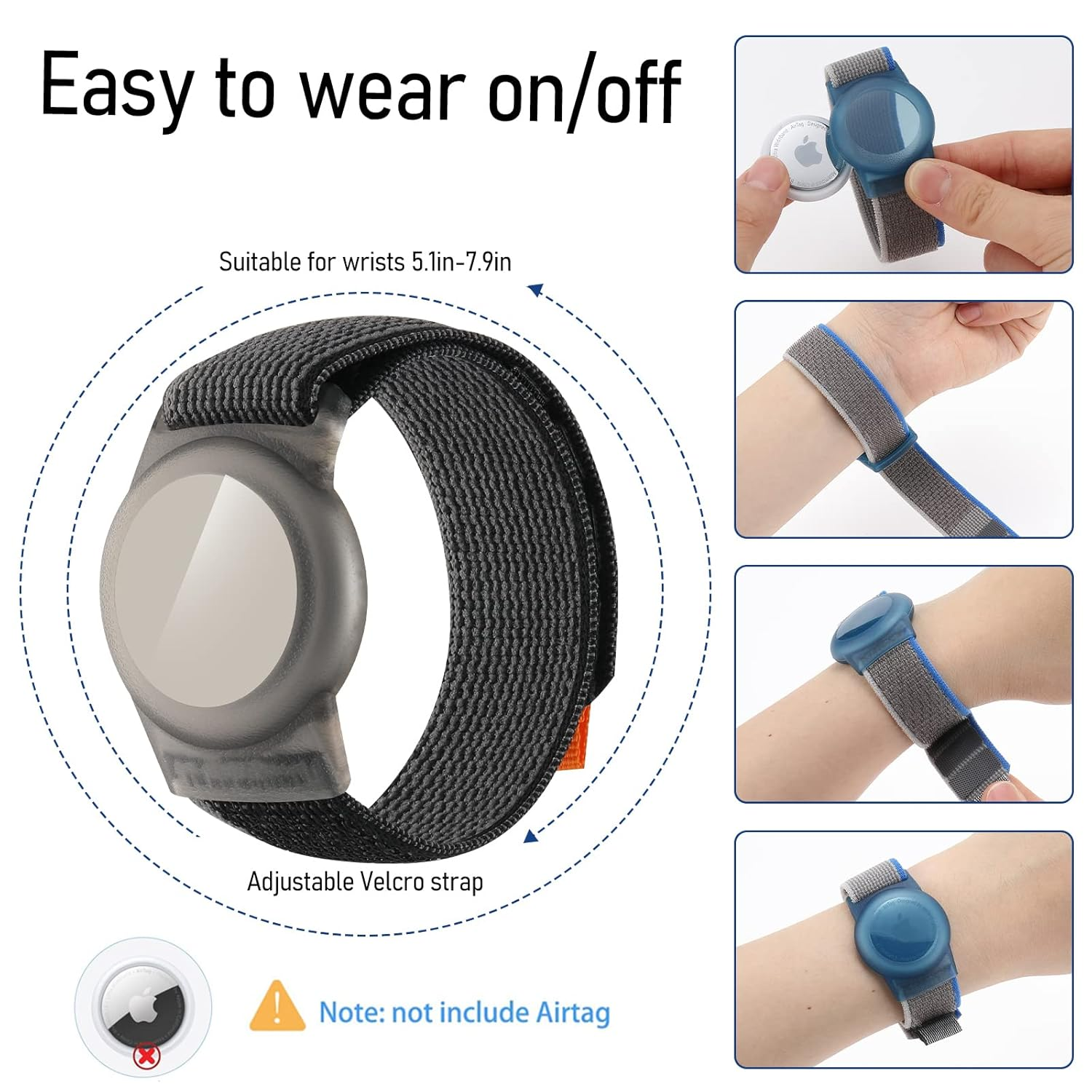 Verstellbares Klettarmband für AirTag, einfach anzulegen und für Handgelenke von 5,1 bis 7,9 Zoll geeignet.