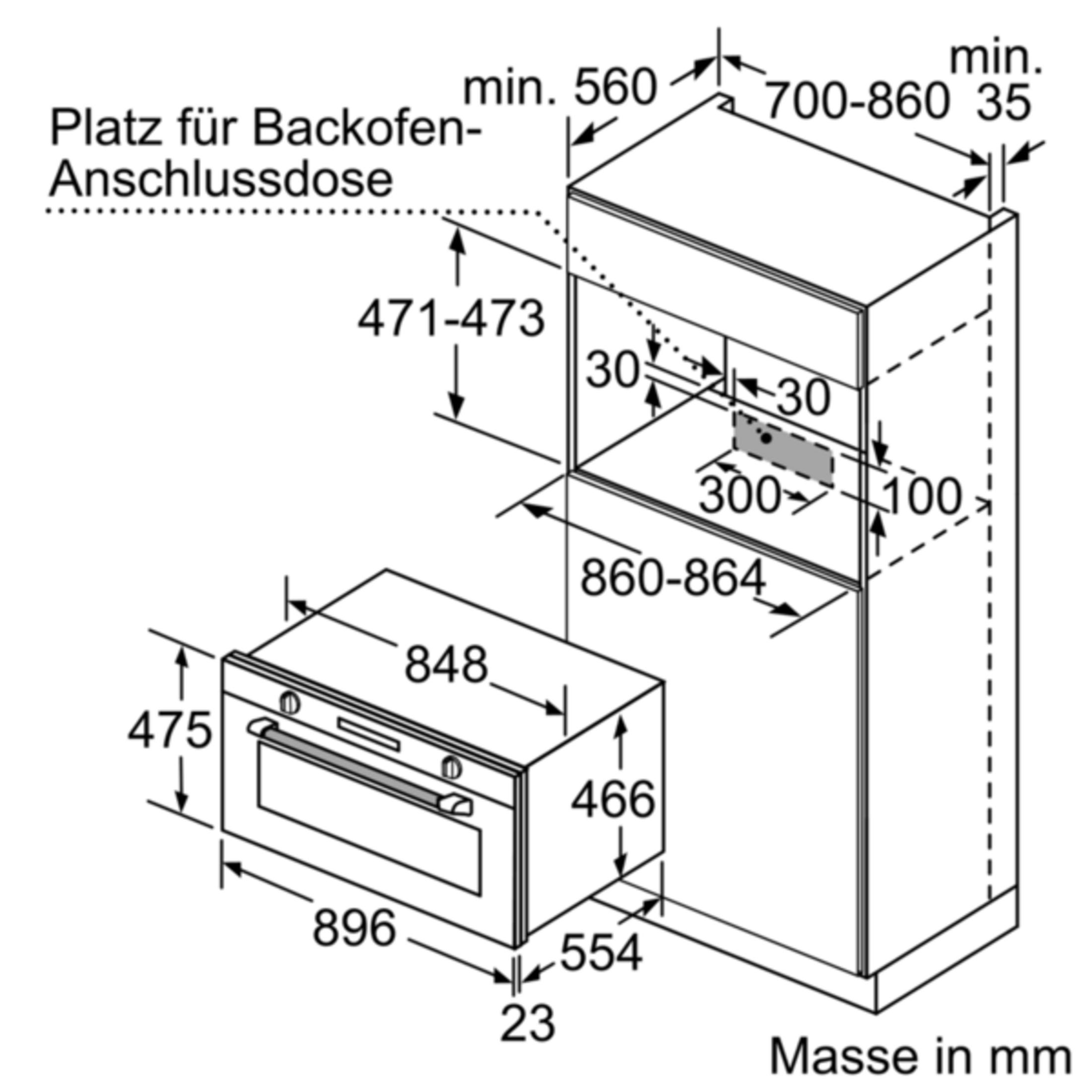 Disegno tecnico con dimensioni di installazione per forno e mobile in mm.