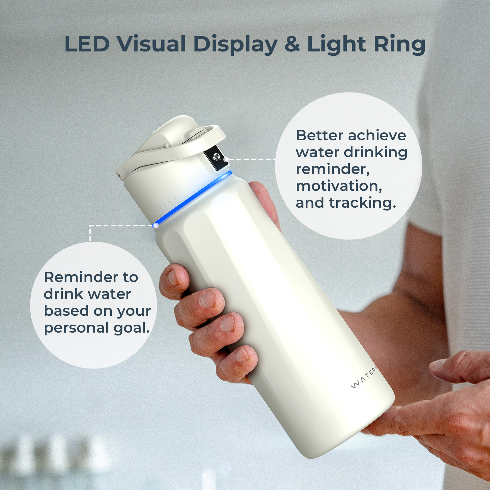 Eine Hand hält eine weiße intelligente Wasserflasche mit LED-Display und blauem Leuchtring.