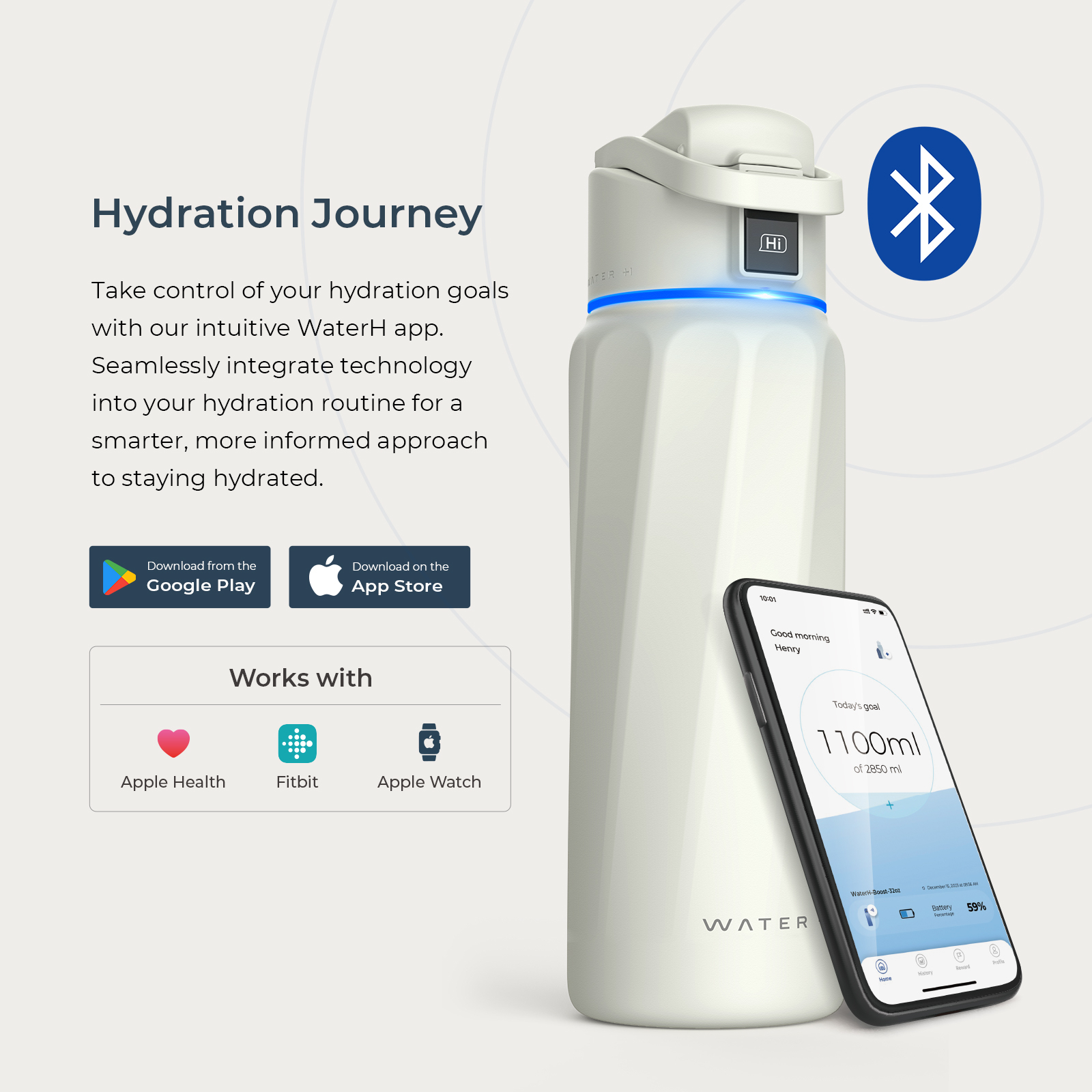 Eine weiße smarte Trinkflasche steht neben einem Smartphone, das die Hydratations-App anzeigt.