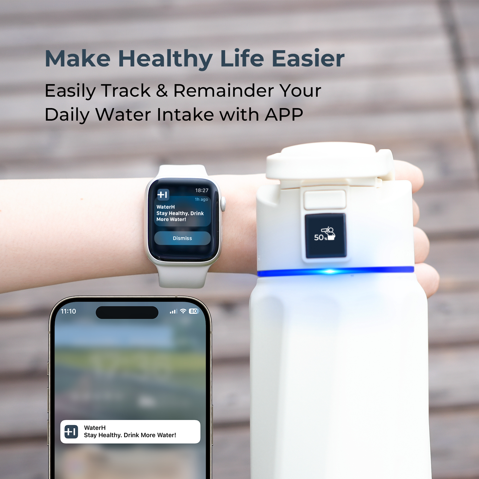Eine Smartwatch, eine App und eine Wasserflasche zur täglichen Erinnerung an die Wasseraufnahme.