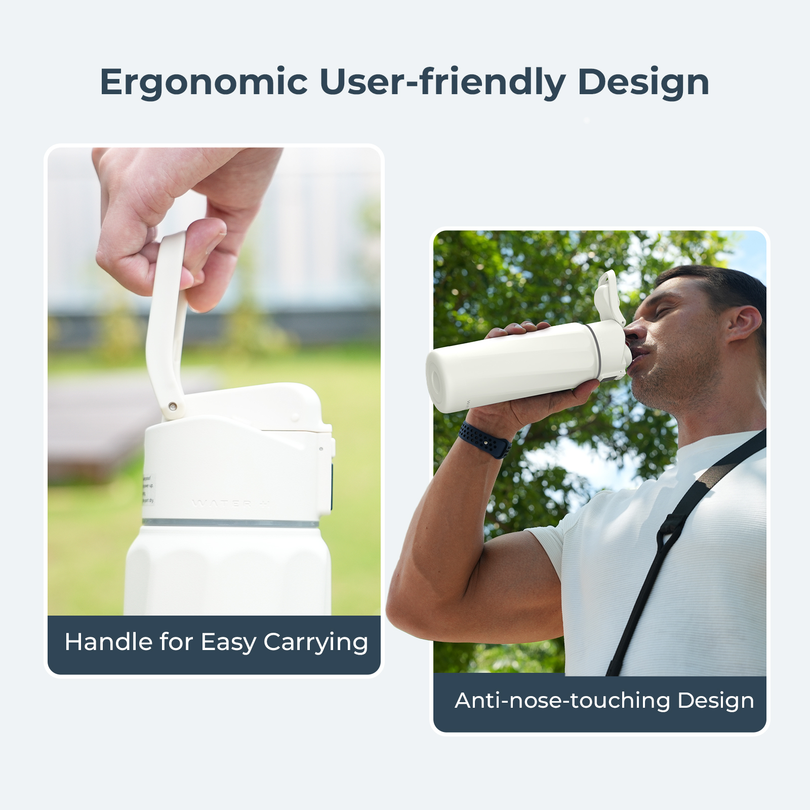 Ergonomische weiße Wasserflasche mit Tragegriff und nasenfreundlichem Design.