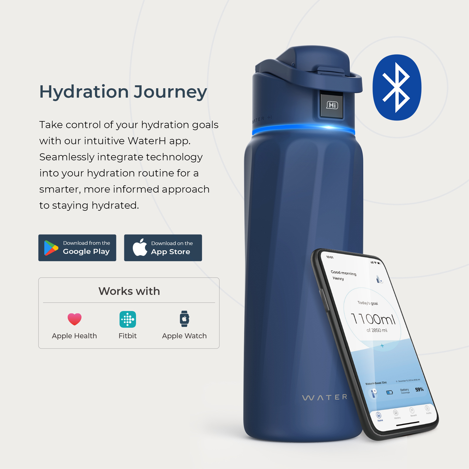 Blaue Smart-Trinkflasche mit App-Verbindung, Bluetooth-Symbol, Smartphone und App-Stores-Icons.