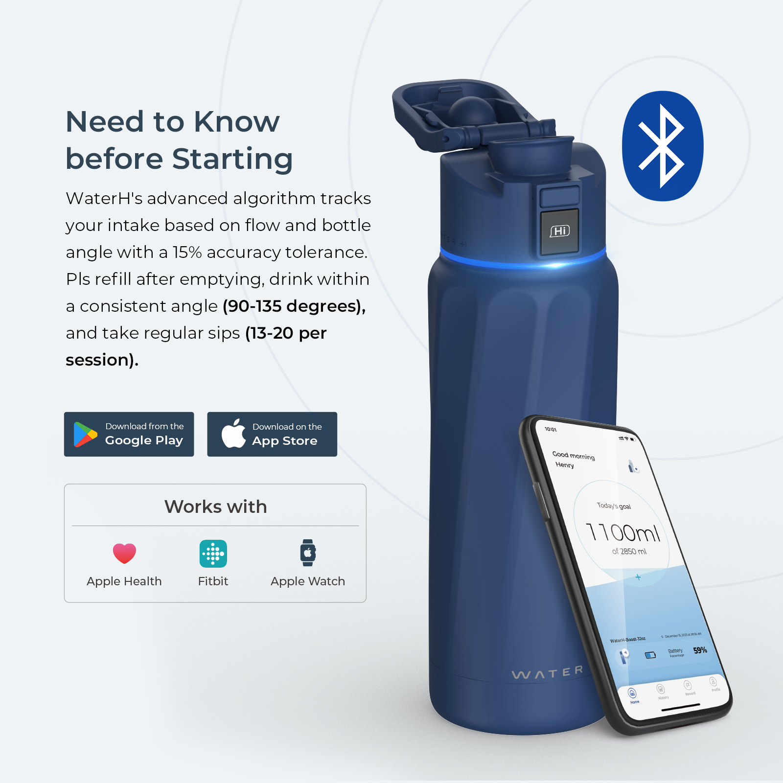 Eine blaue smarte Trinkflasche neben einem Smartphone, das eine Wasser-Tracking-App anzeigt, mit erklärendem Text.