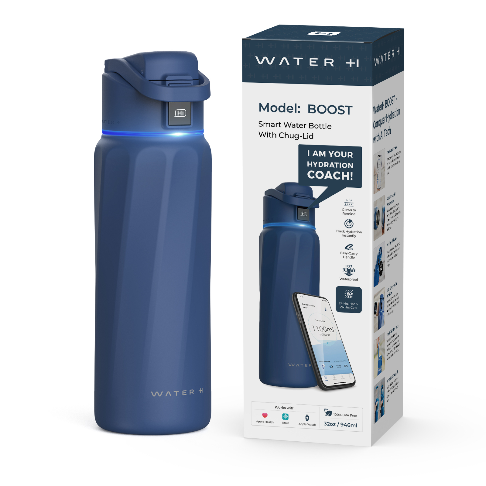 Eine blaue smarte Trinkwasserflasche neben der Produktverpackung, die Funktionen und eine Hydratations-App zeigt.