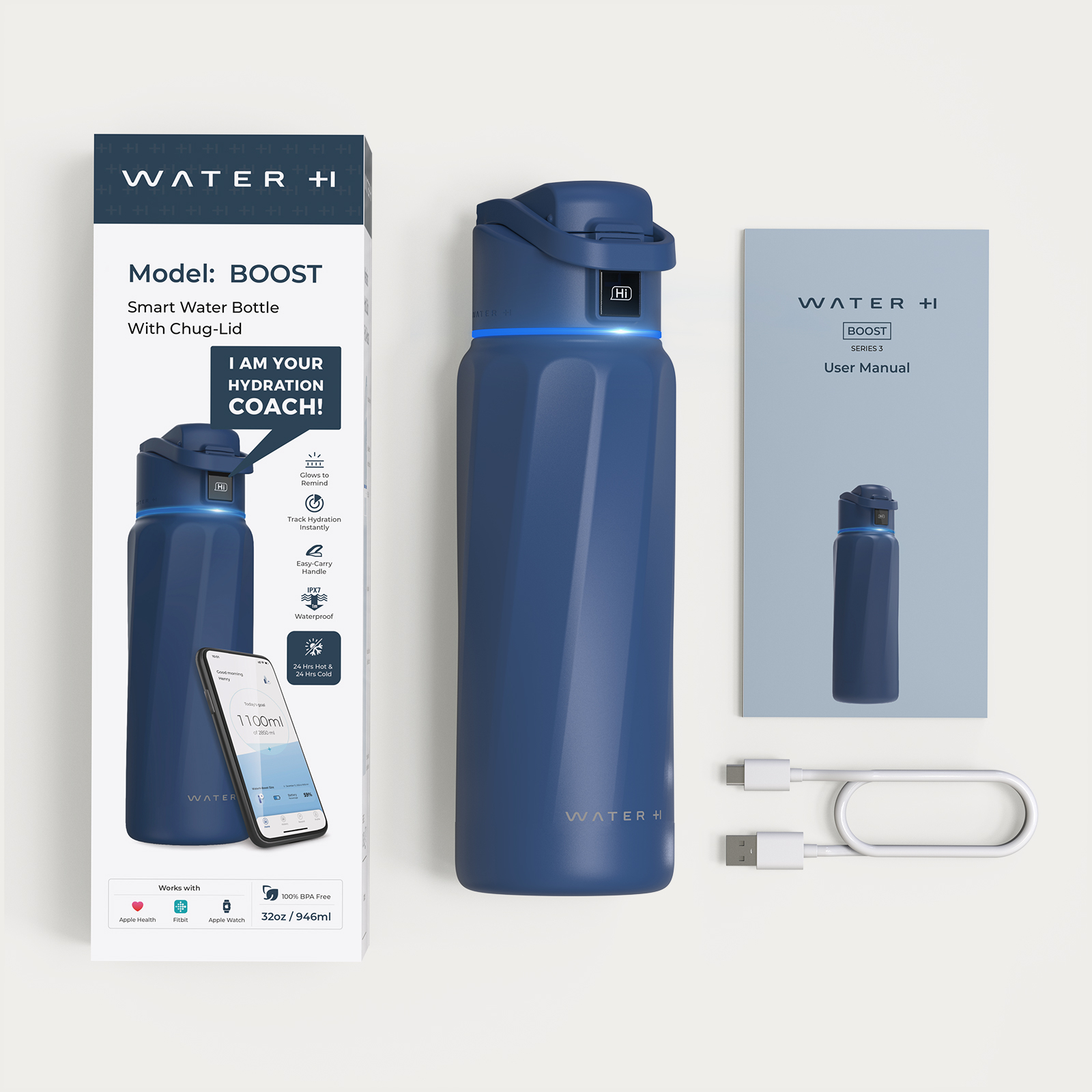 Blaue Boost Smart-Wasserflasche mit Verpackung, Handbuch und Ladekabel auf weißem Grund.