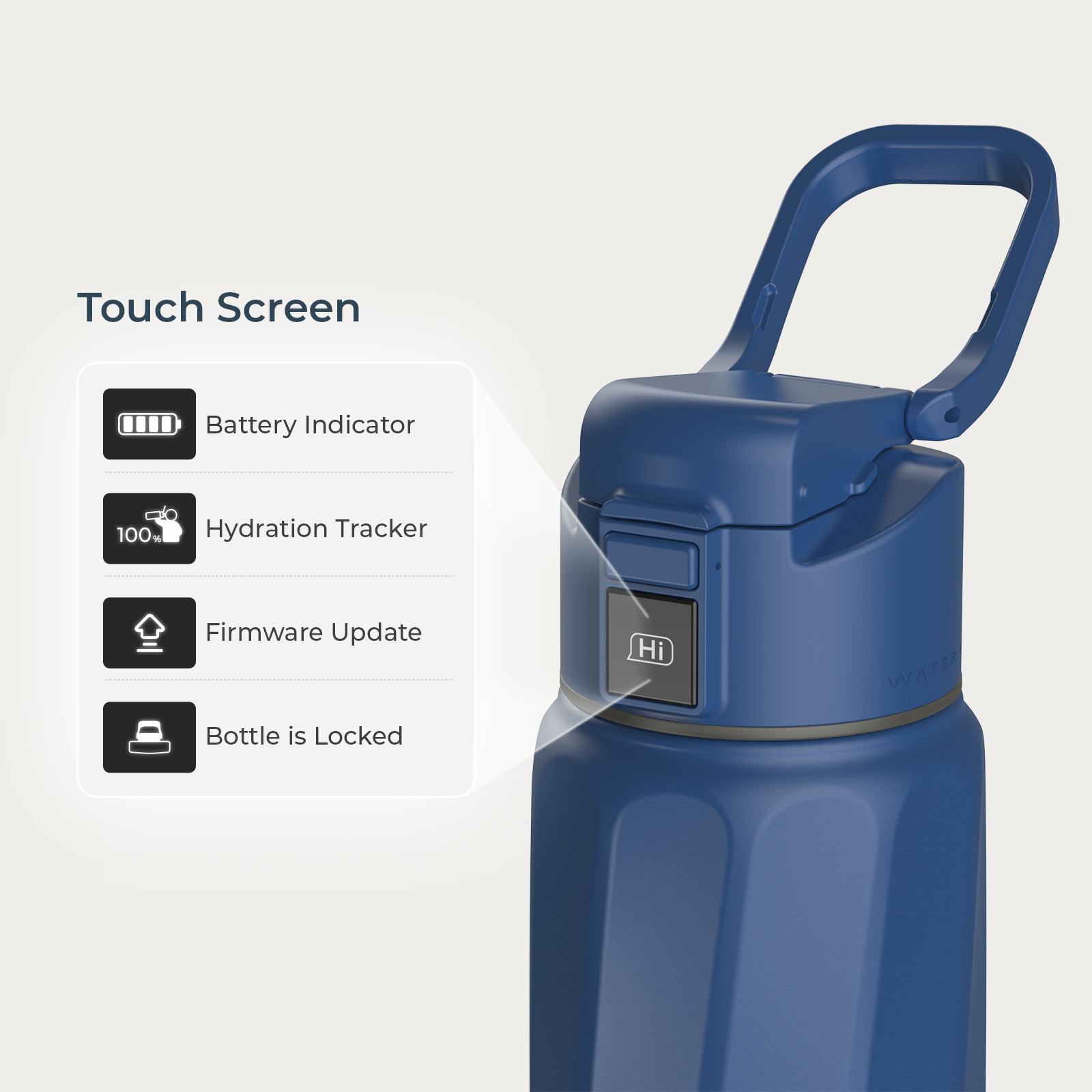 Eine blaue smarte Trinkflasche mit Touchscreen für Batteriestatus, Trink-Tracker und Sperre.
