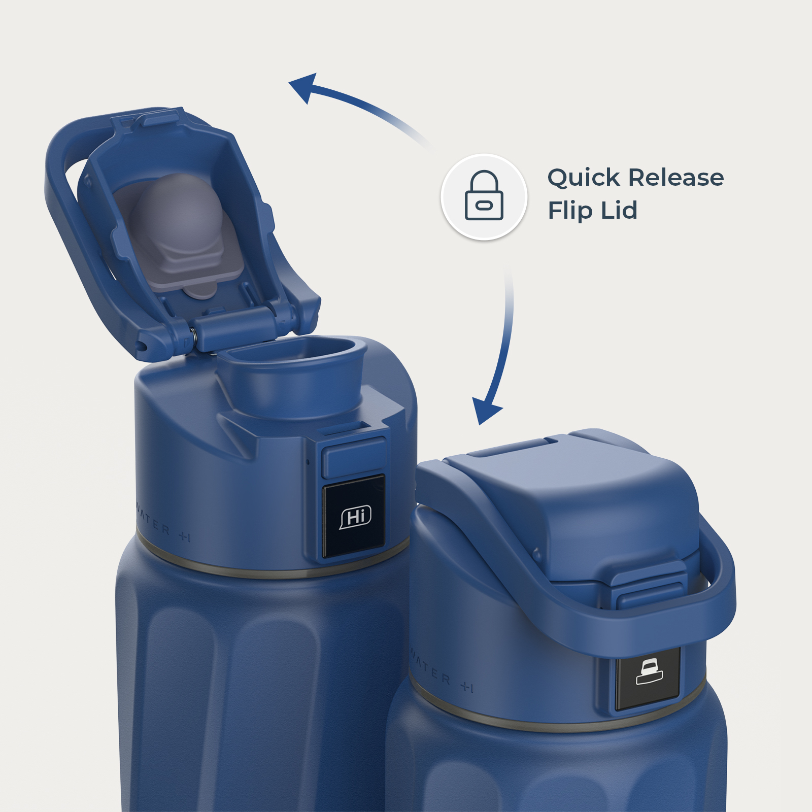 Blaue Wasserflasche mit offenem und geschlossenem Deckel, der den Schnellverschluss zeigt.