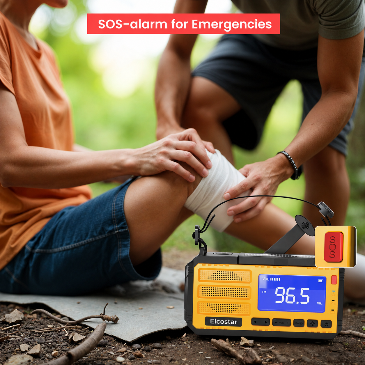 Eine Person verbindet draußen ein Knie, im Vordergrund ein gelbes Notfallradio mit SOS-Knopf.