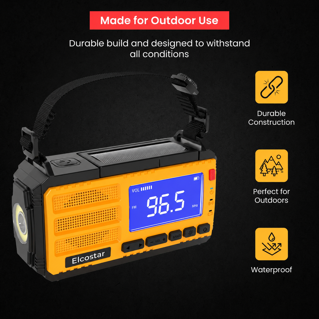 Ein Elcostar-Outdoor-Radio mit Solarpanel, blauem LCD-Bildschirm und schwarzem Riemen vor dunklem Hintergrund.