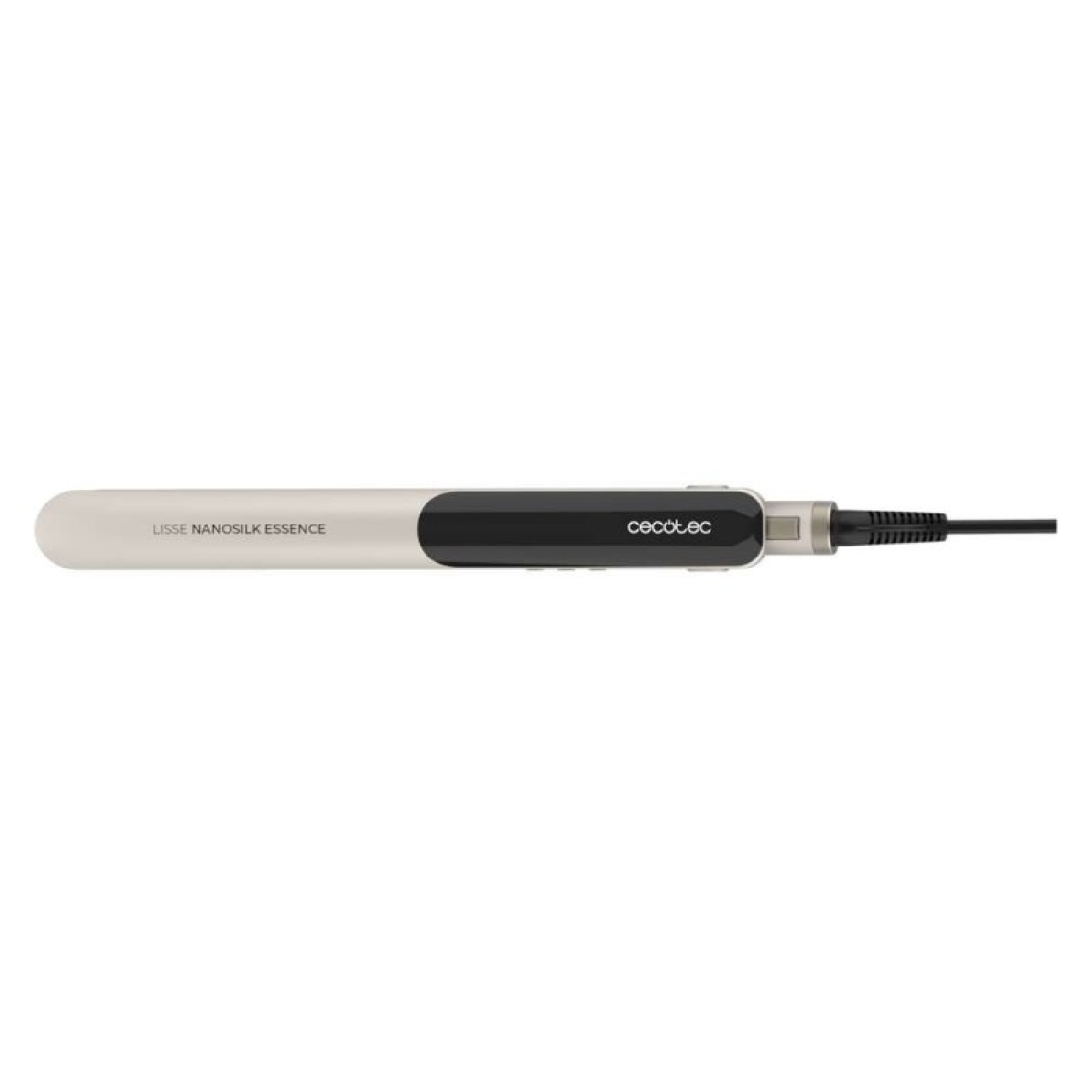 Una piastra per capelli beige e nera con le scritte LISSE NANOSILK ESSENCE e cecotec su sfondo bianco.