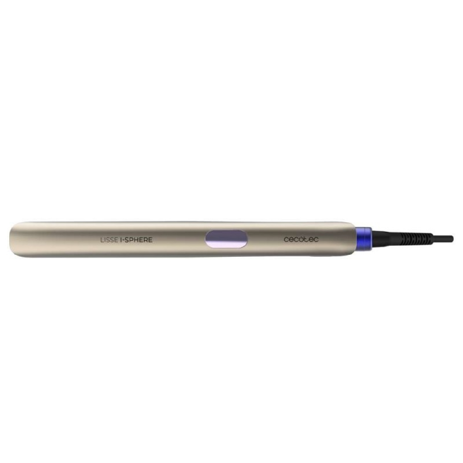 Una piastra per capelli dorata ed elegante con display digitale, dettagli blu e cavo nero su sfondo bianco.