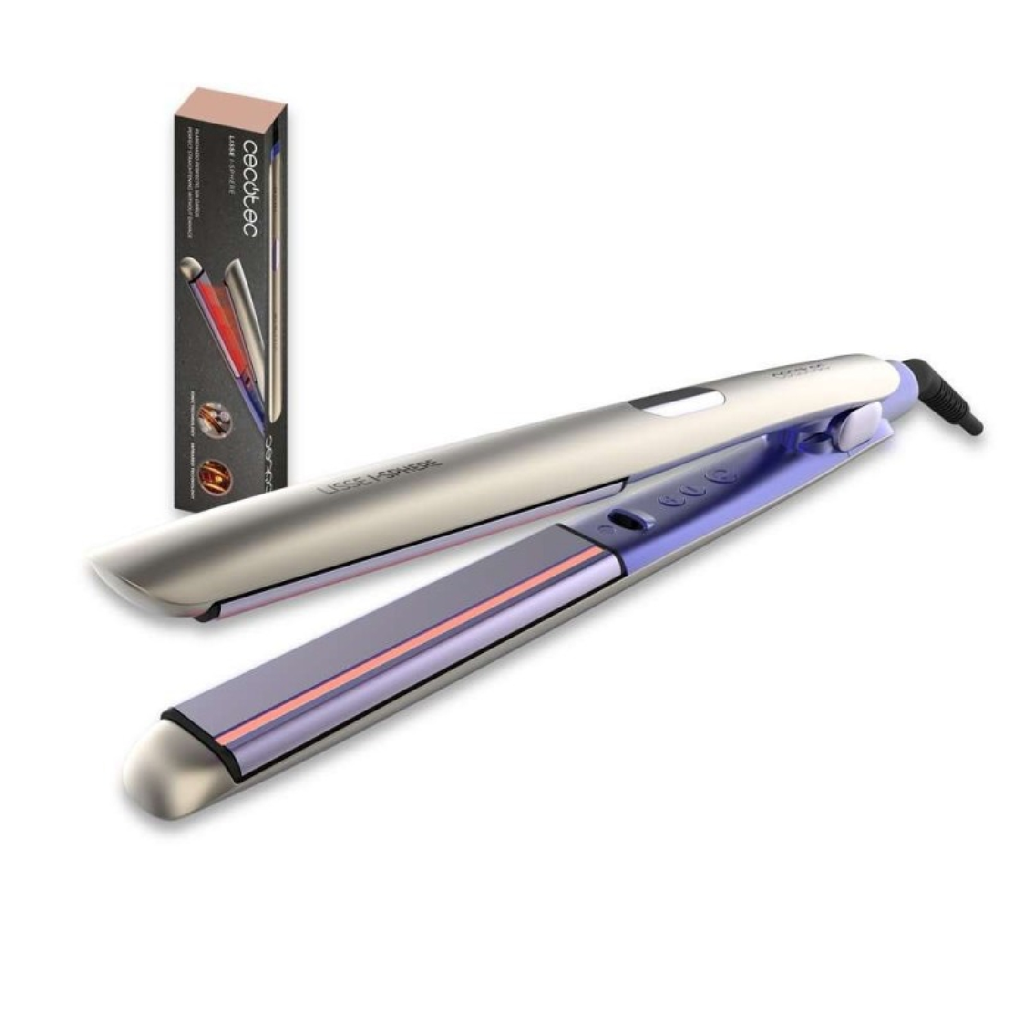 Una piastra per capelli argento e viola è posizionata in diagonale davanti alla sua scatola.