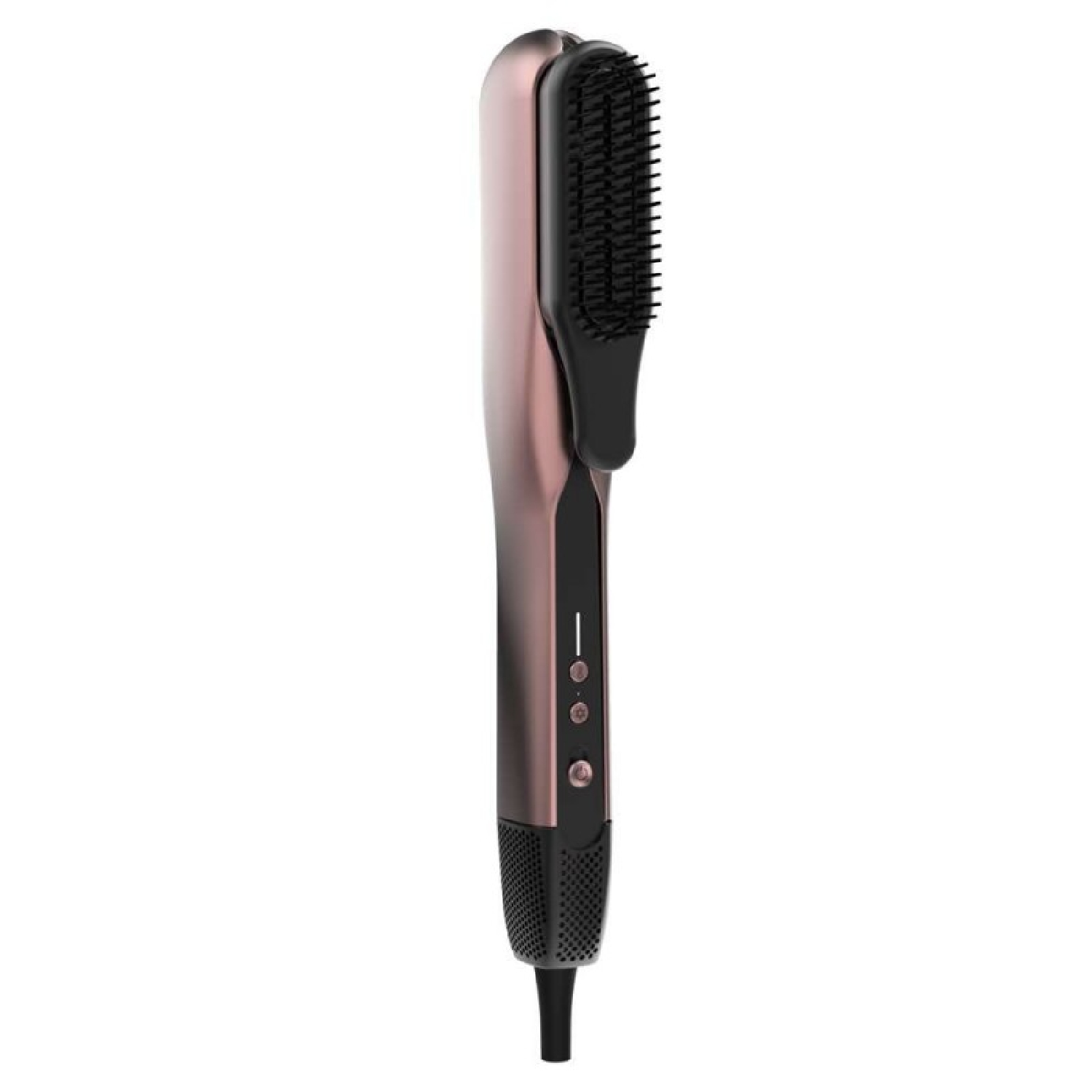 Un elegante cepillo moldeador de pelo en oro rosa y negro con botones y cable en fondo blanco.